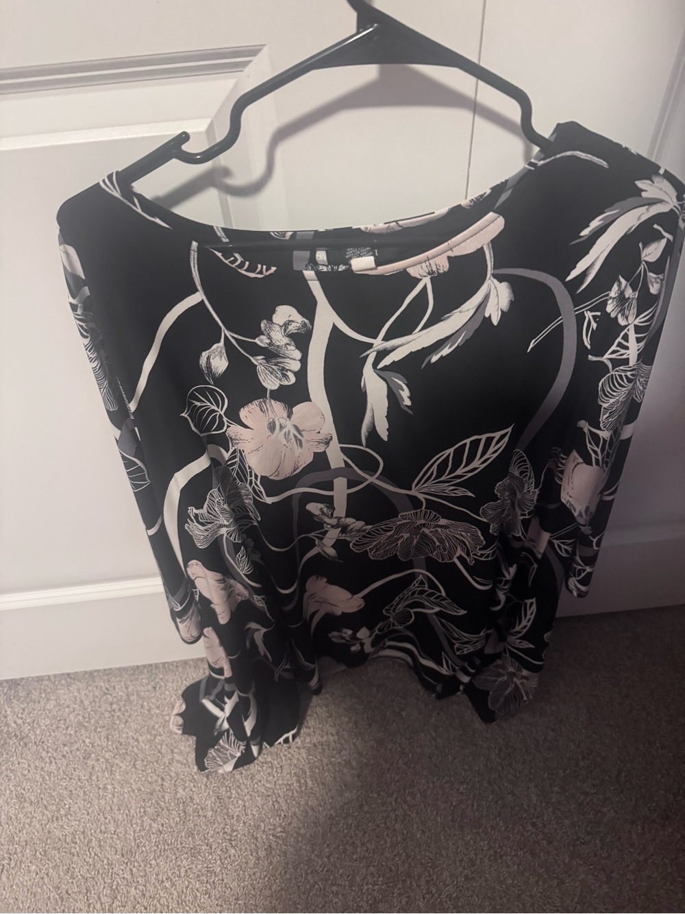 Alfani Black Floral Boatneck Top with Pale Pink Accents